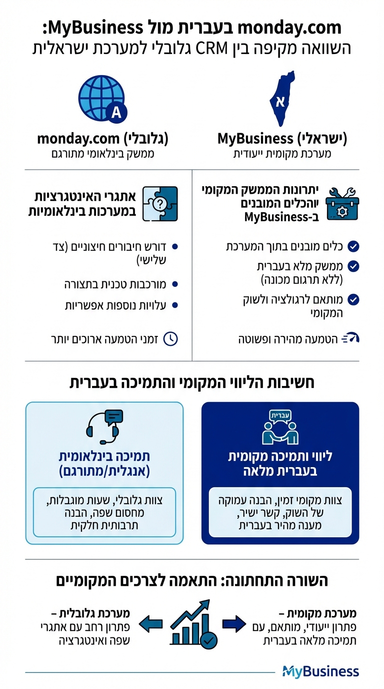 monday.com בעברית מול MyBusiness: השוואה מקיפה בין CRM גלובלי למערכת ישראלית