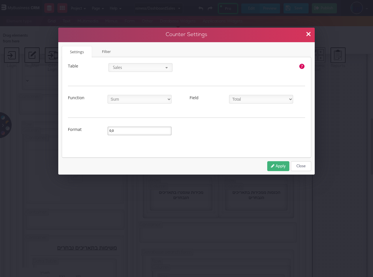 הגדרת מונה בדשבורד — בחירת טבלה, פונקציה ושדה
