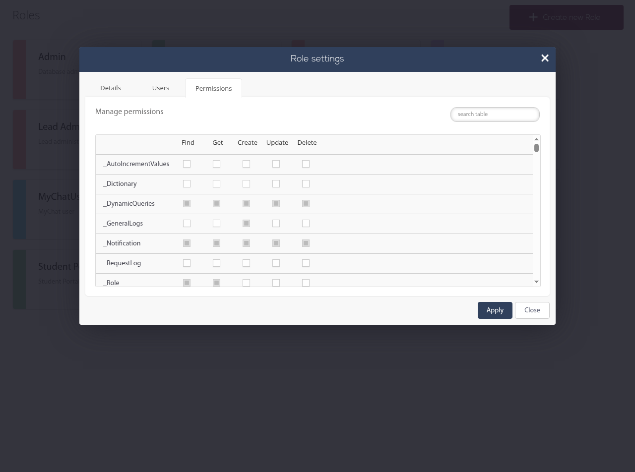 הגדרת הרשאות לתפקיד — לשונית Permissions