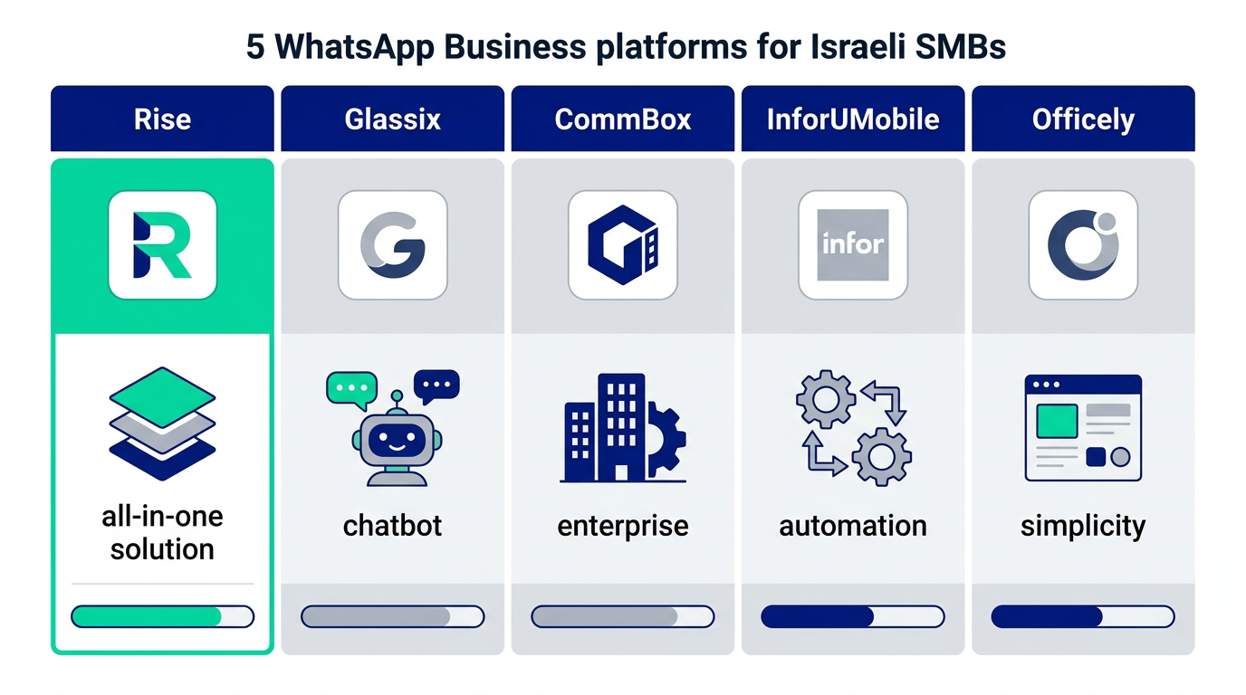 השוואת מערכות וואטסאפ לעסקים ישראל 2026 — Rise, Glassix, CommBox, InforUMobile, Officely