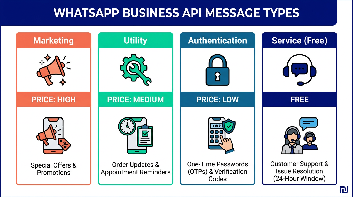 4 סוגי הודעות WhatsApp Business API — מחירים ומאפיינים: Marketing, Utility, Authentication, Service