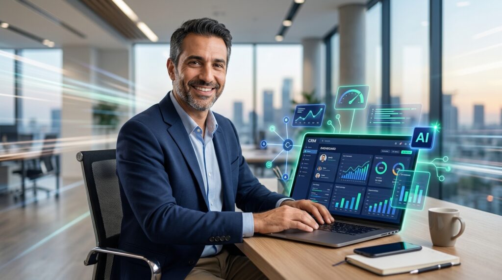 בעל עסק מרוצה רואה הטמעת CRM מואצת באמצעות כלי AI