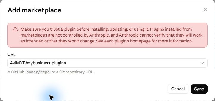 חלון Add marketplace עם המאגר AviMYB/mybusiness-plugins וכפתור Sync