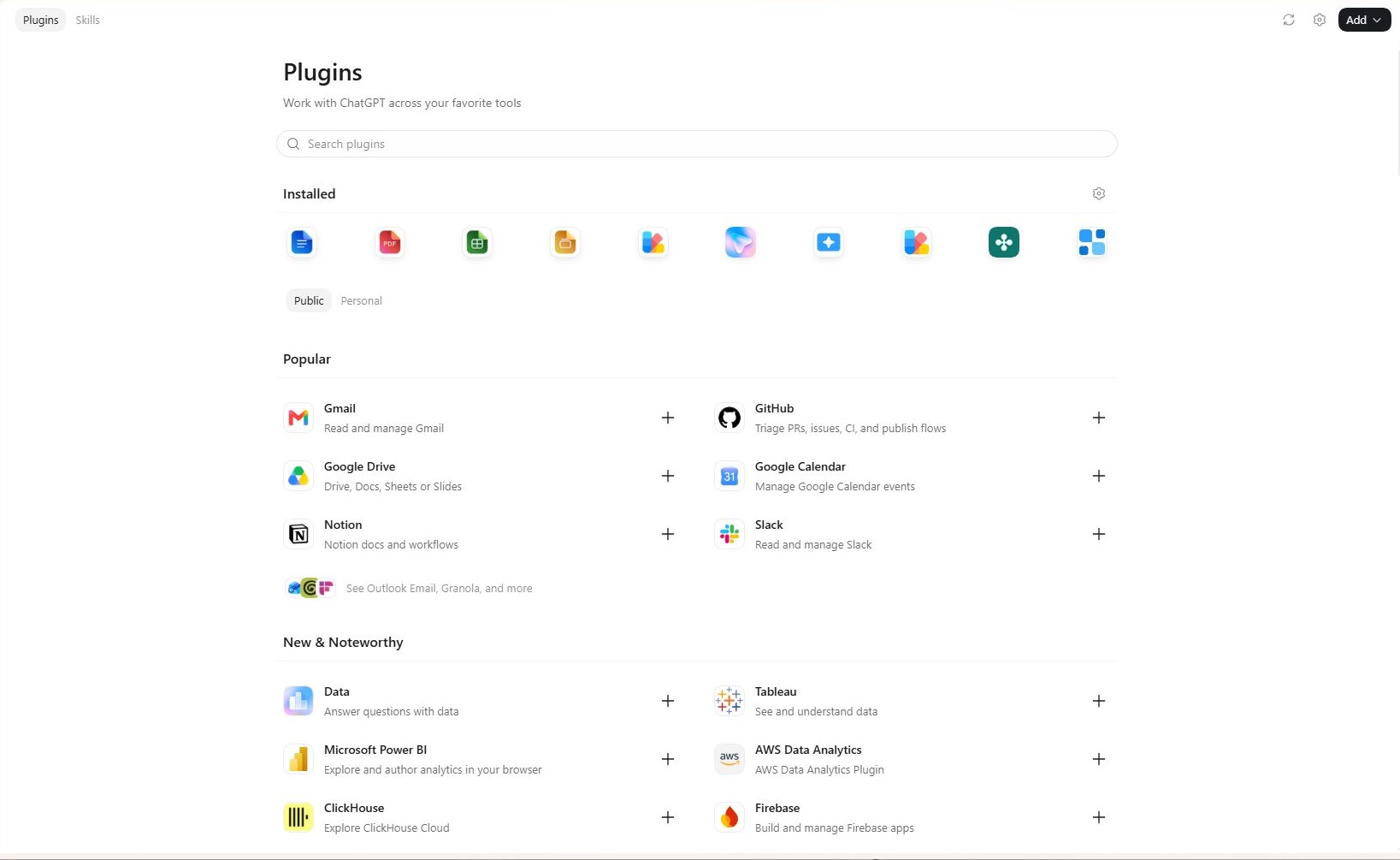 מסך Plugins באפליקציית הדסקטופ עם תפריט Add