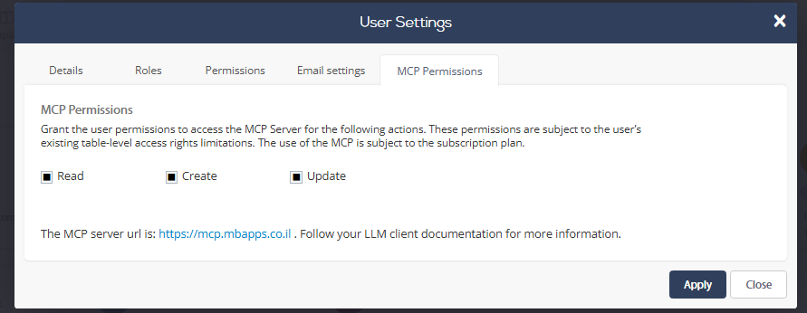 MCP Permissions עם הרשאות Read Create Update