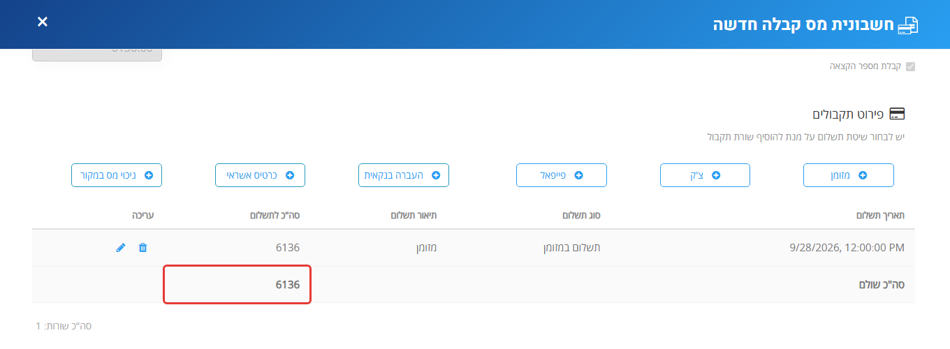 טופס חשבונית מס קבלה חדשה ב-MyBooks: פירוט תקבולים, ומסומן סה"כ שולם שזהה לסכום החשבונית