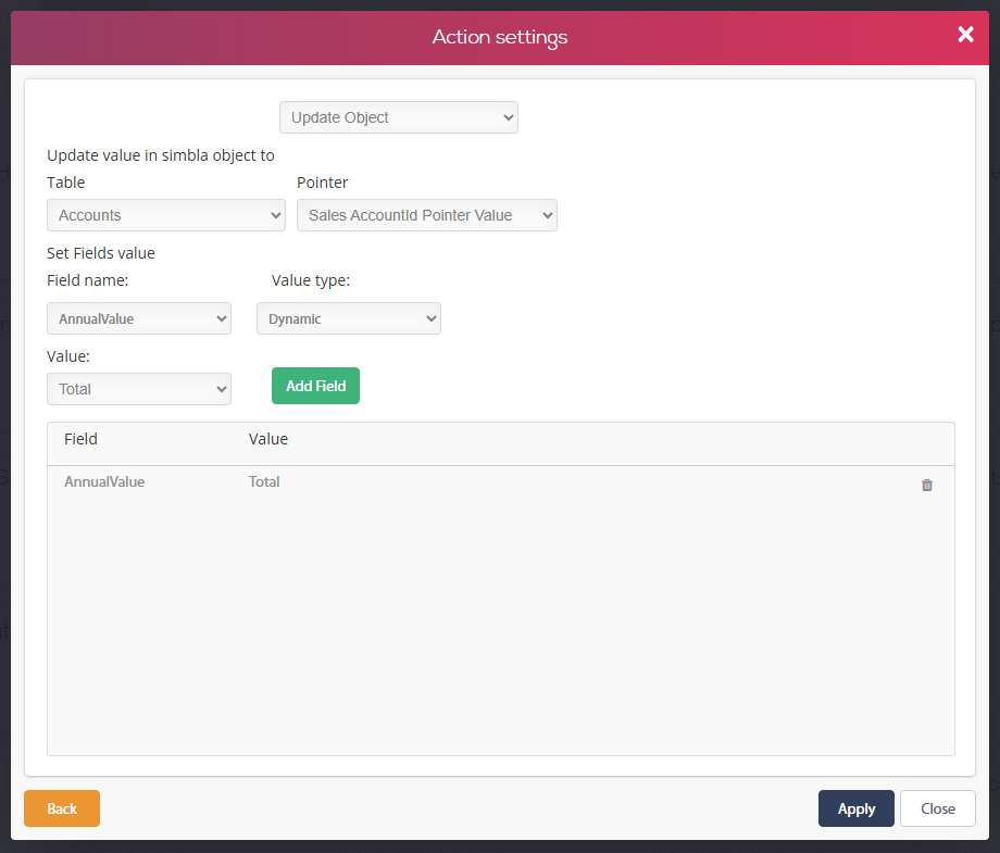 חלון Action settings לפעולת Update Object — טבלת Accounts דרך המצביע AccountId של המכירה, השדה AnnualValue מקבל ערך דינמי Total