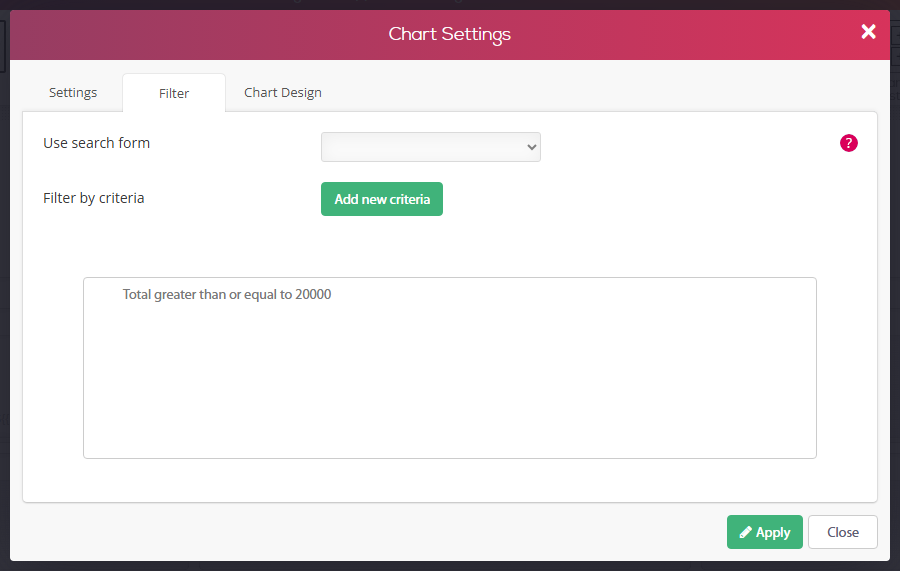 Chart Settings dialog, Filter tab - filter by criteria Total greater than or equal to 20000