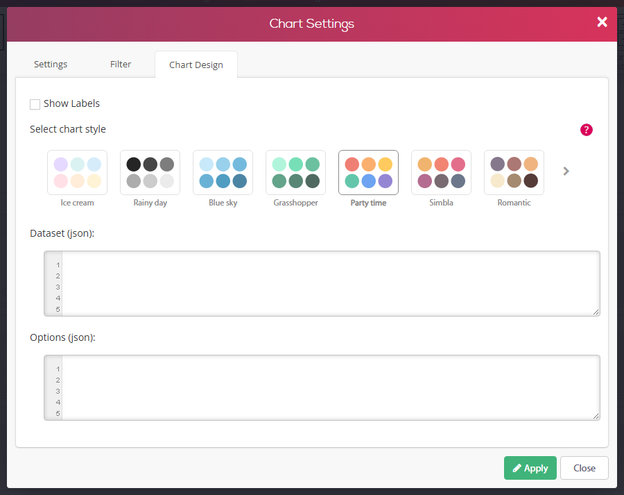 Chart Settings dialog, Chart Design tab - Show Labels, ready-made chart styles (Party time selected) and the Dataset / Options json fields
