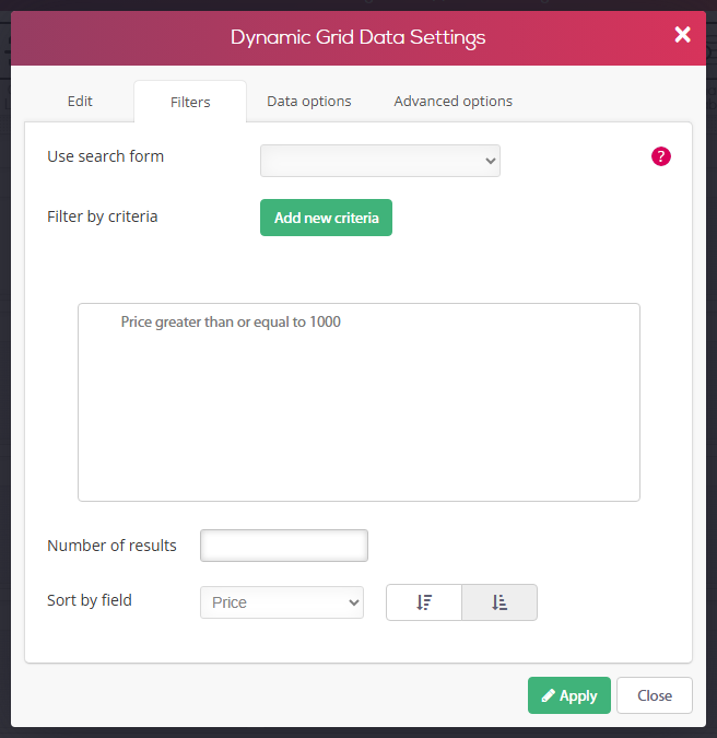 Dynamic Grid Data Settings dialog, Filters tab - filter by criteria Price greater than or equal to 1000, sorted by Price