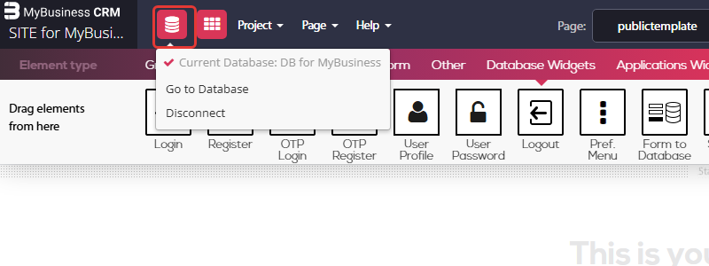 Website builder: the database icon in the top-left bar marked, with its menu open (Current Database, Go to Database, Disconnect)
