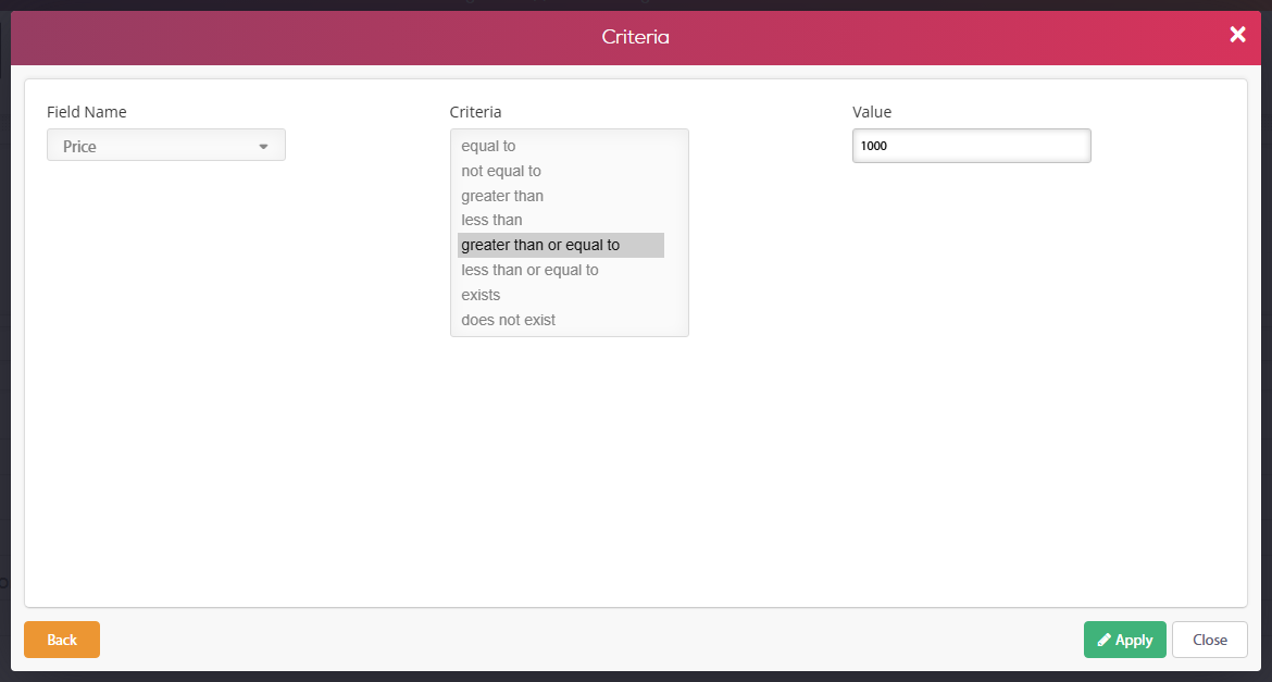 Criteria dialog of the Data Table filter - field Price, the list of criteria open with greater than or equal to selected, value 1000