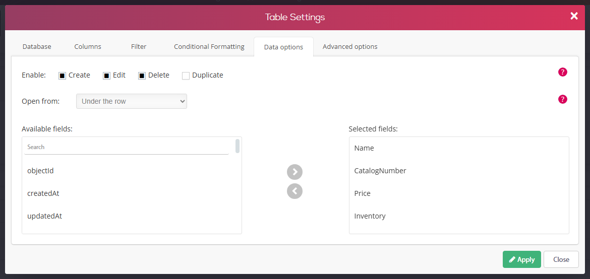 Table Settings, Data options tab - Create, Edit and Delete enabled, Open from Under the row, and the fields shown in the edit form