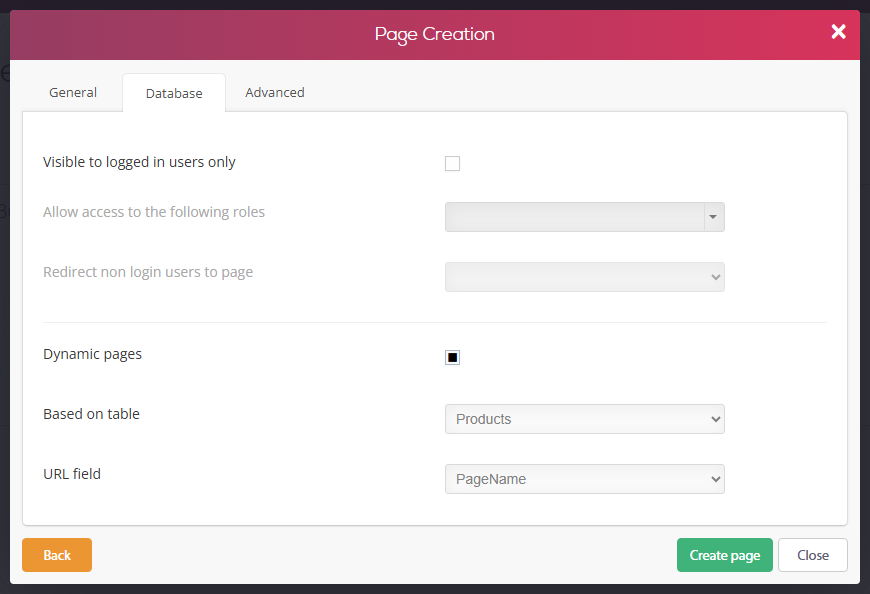 Page Creation dialog, Database tab - Dynamic pages ticked, based on the Products table with PageName as the URL field