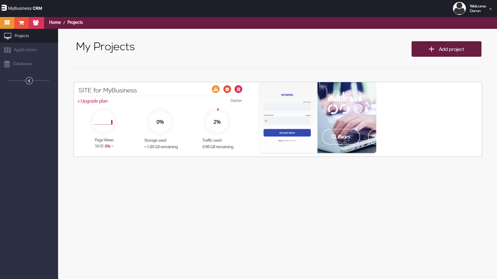 Development environment home: My Projects with the project card, and the Projects, Applications and Databases menu