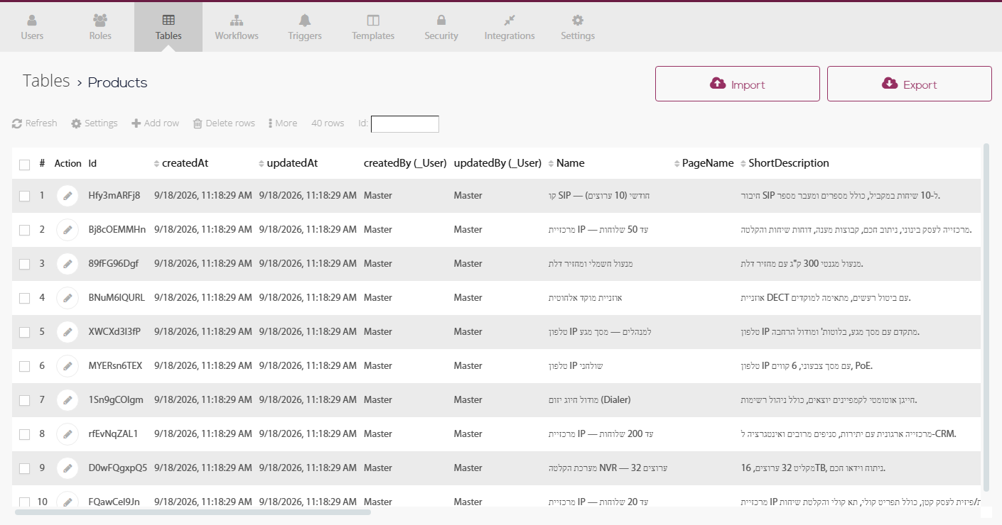 Development environment - rows of the Products table in the database; each saved object appears as a row with its Id and fields