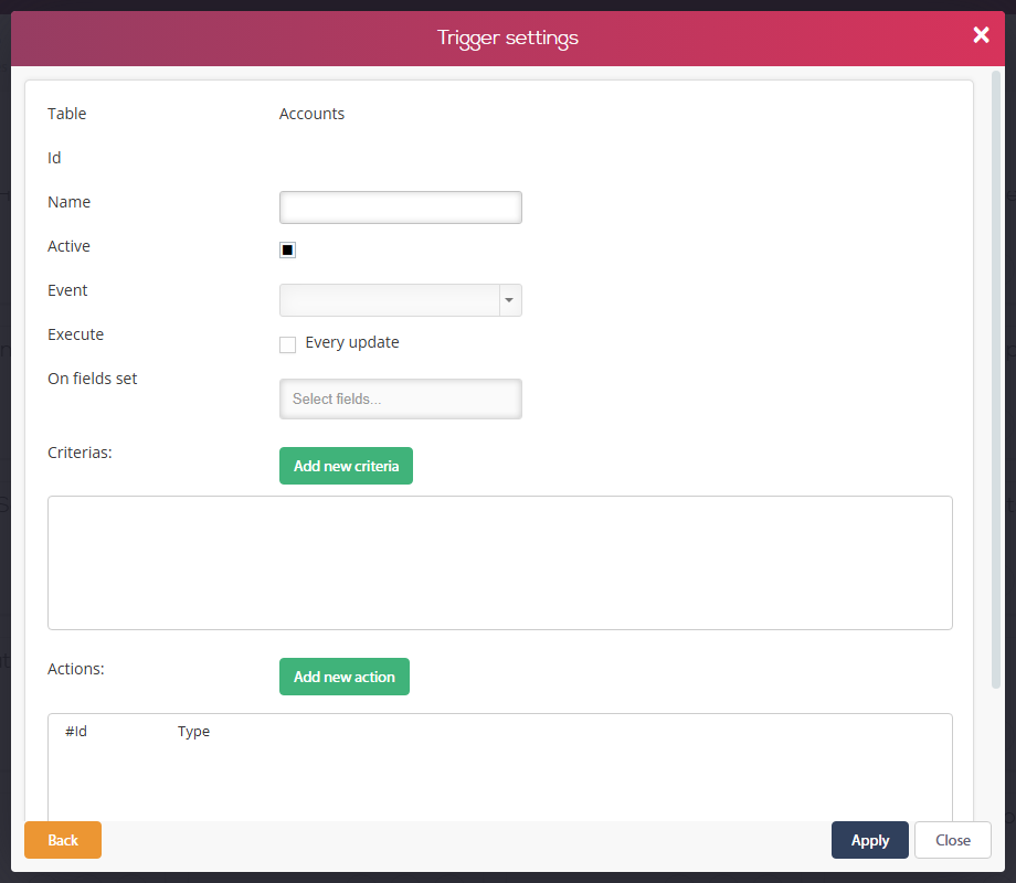 חלון Trigger settings ריק לטבלה Accounts — Name, Active, Event, Execute Every update, On fields set, Criterias ו-Actions