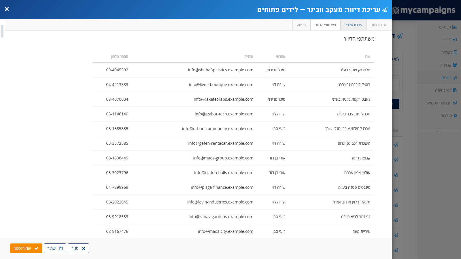 לשונית משתתפי הדיוור: רשימת הנמענים עם שם, אחראי, אימייל וטלפון