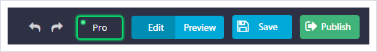 סרגל השמירה והניווט בעורך: בטל/בצע שוב, Pro, Edit/Preview, Save ו-Publish