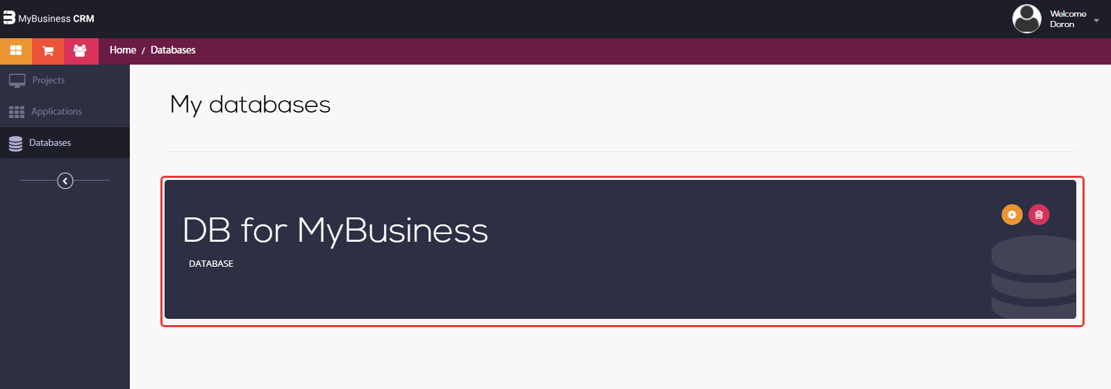 מסך My databases — הכרטיס DB for MyBusiness מסומן