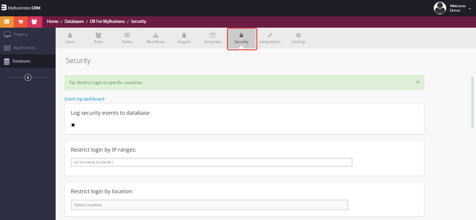 סרגל הלשוניות של DB for MyBusiness — הלשונית Security מסומנת