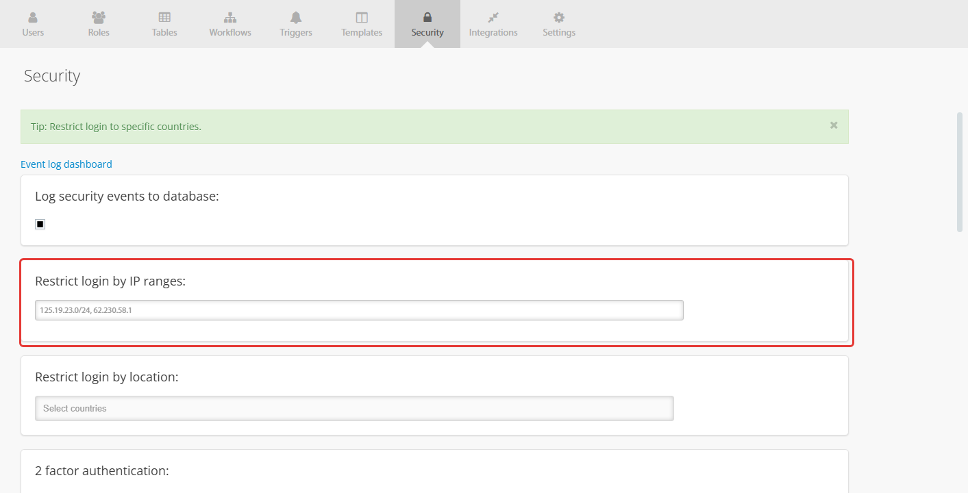לשונית Security — האזור Restrict login by IP ranges מסומן