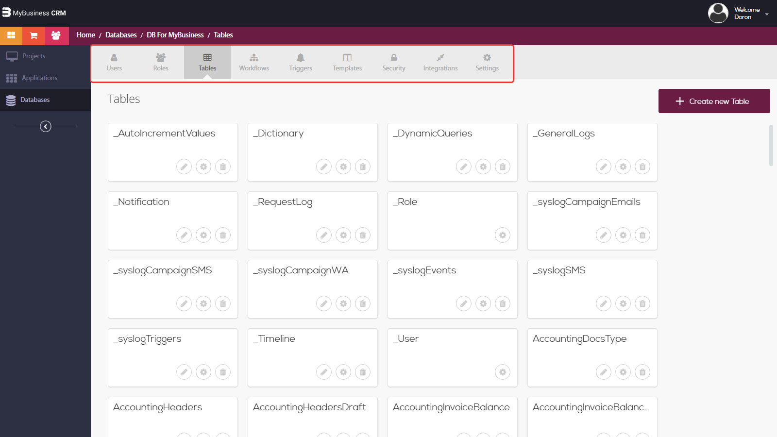 סביבת הפיתוח — לשונית Tables של DB for MyBusiness, סרגל הלשוניות מסומן