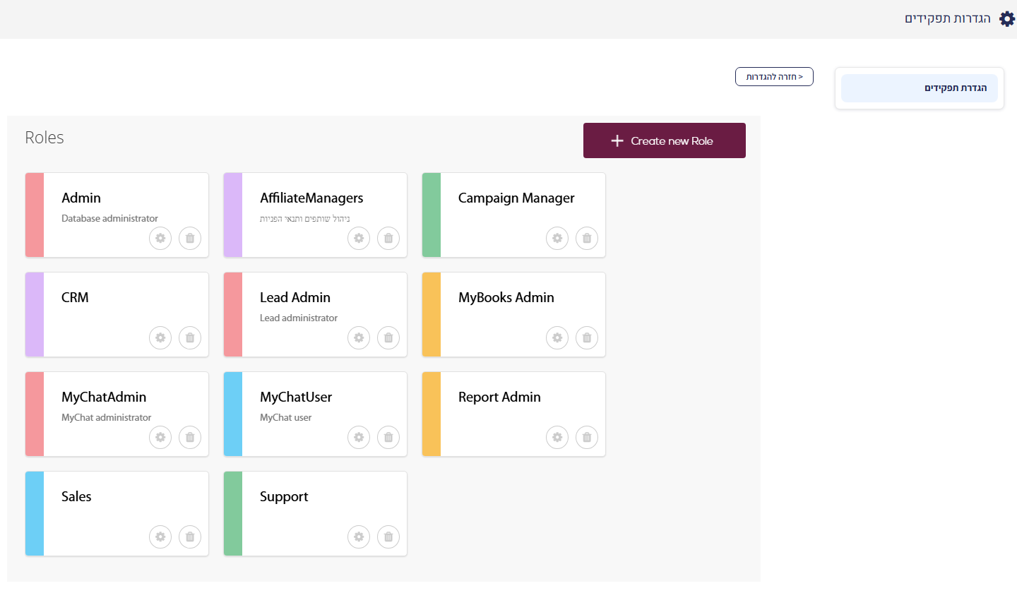 מסך הגדרות תפקידים – כרטיסי הפרופילים (Admin, Lead Admin, Sales, Support ועוד) וכפתור Create new Role