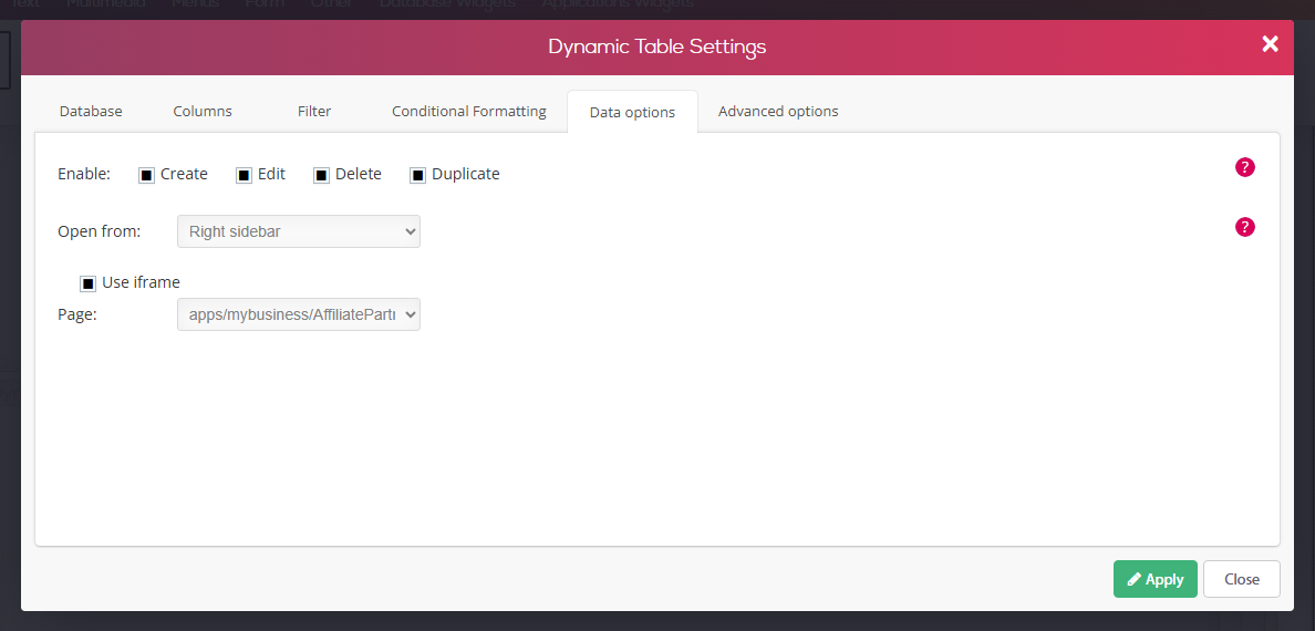 חלון Dynamic Table Settings, לשונית Data options — Create, Edit ו-Delete מסומנים ו-Open from: Right sidebar עם דף הטופס