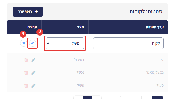 שורת סטטוס במצב עריכה – בחירת מצב (3) וכפתור השמירה (4) מסומנים