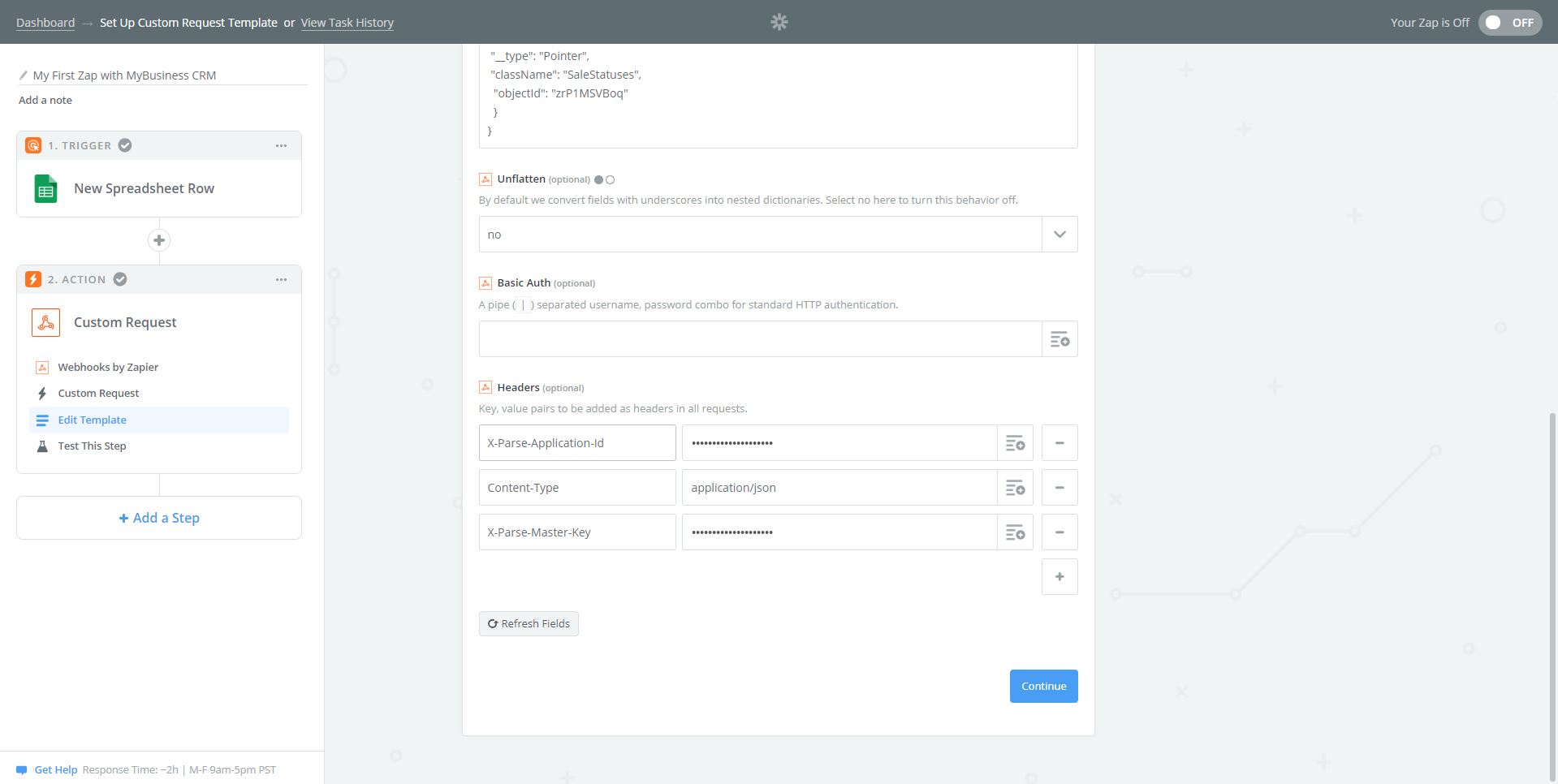 הגדרת Headers בפעולת Custom Request ב-Zapier עם X-Parse-Application-Id ו-X-Parse-Master-Key