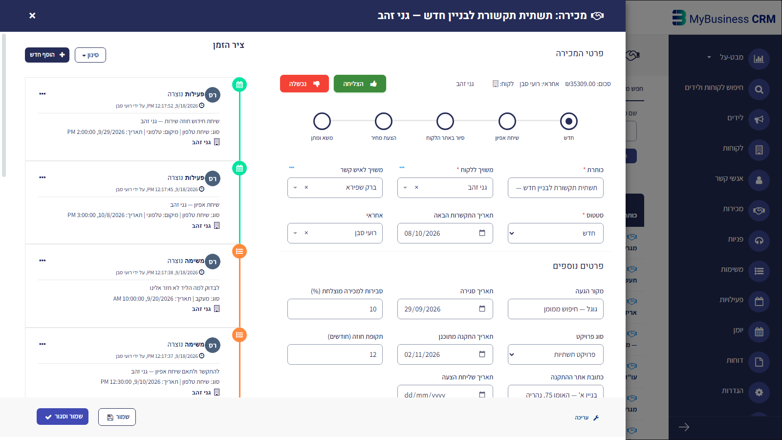 כרטיס מכירה במערכת בסטטוס 'חדש' — המצב לפני הרצת הזאפ
