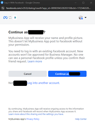 חלון האישור של Facebook להתחברות MyBusiness App לחשבון