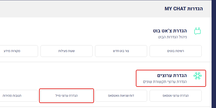מסך ההגדרות של MyChat: אזור 'הגדרת ערוצים' וכפתור 'הגדרת ערוצי מייל' מסומנים
