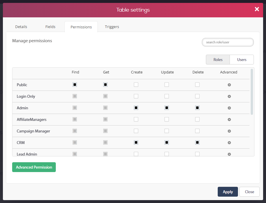 Table settings window, Permissions tab by Roles, including the new Advanced column