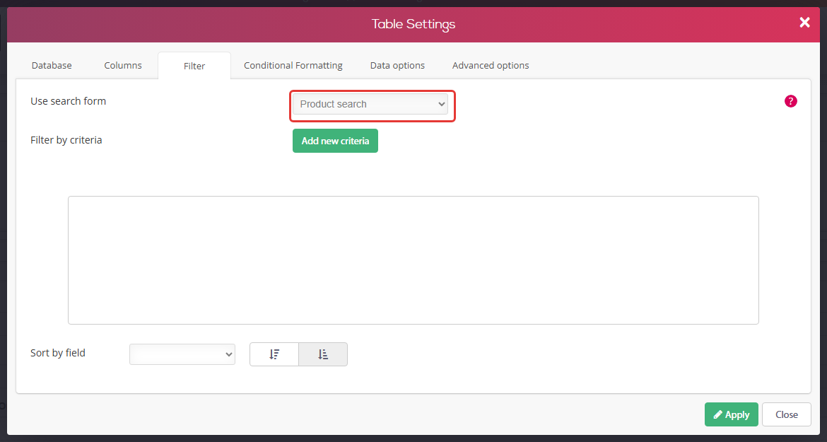 Data Table widget - Table Settings, Filter tab: Use search form set to the Product search form (marked)