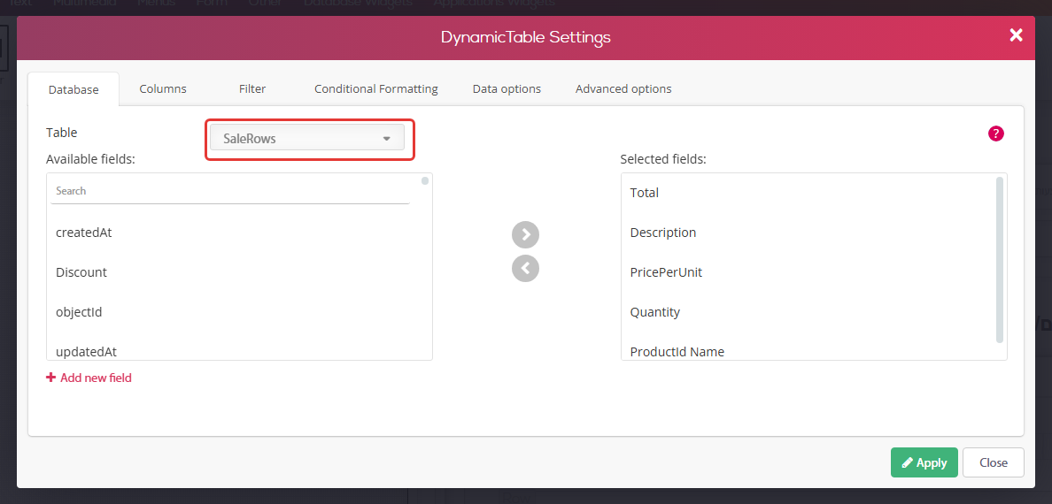 הגדרות טבלת המשנה בדף כרטיס המכירה (עורך הדפים), לשונית Database — הטבלה SaleRows מסומנת והשדות שנבחרו לתצוגה