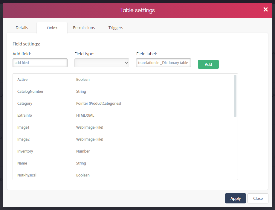 Table settings window, Fields tab: Add field, Field type, Field label and the list of the table's fields