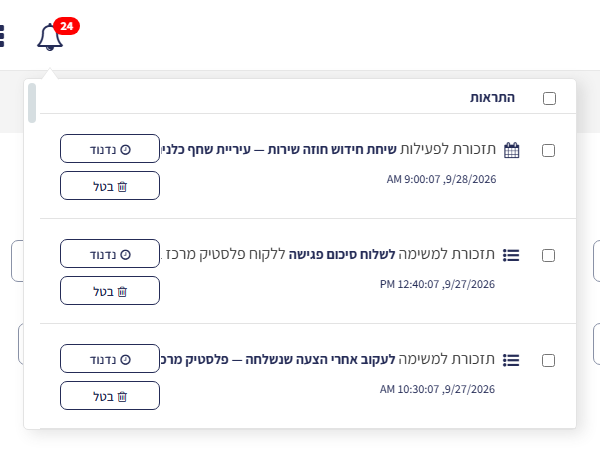 CRM notifications list opened from the bell icon (Hebrew interface), with Snooze and Dismiss buttons for each notification