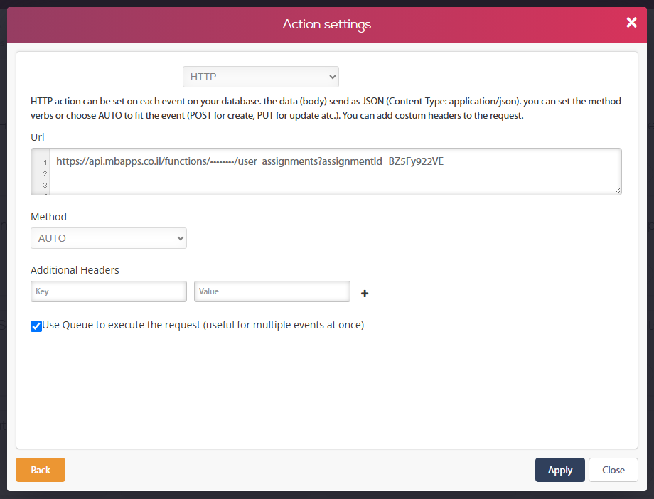 Action settings window of an HTTP action: Url, Method AUTO, Additional Headers (Key / Value) and Use Queue