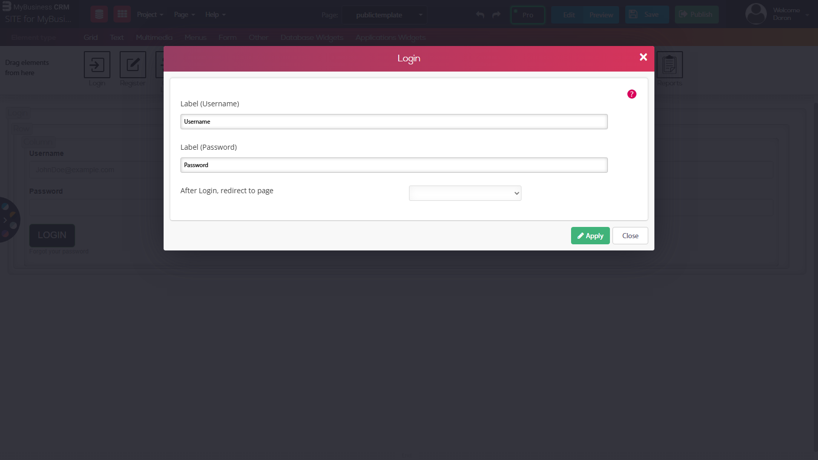 Website builder: the Login widget settings window (Label Username, Label Password, After Login redirect to page)