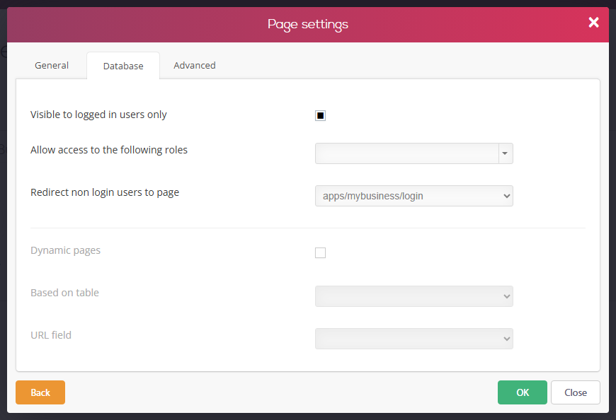 Page settings window, Database tab: Visible to logged in users only, and Redirect non login users to page set to the login page