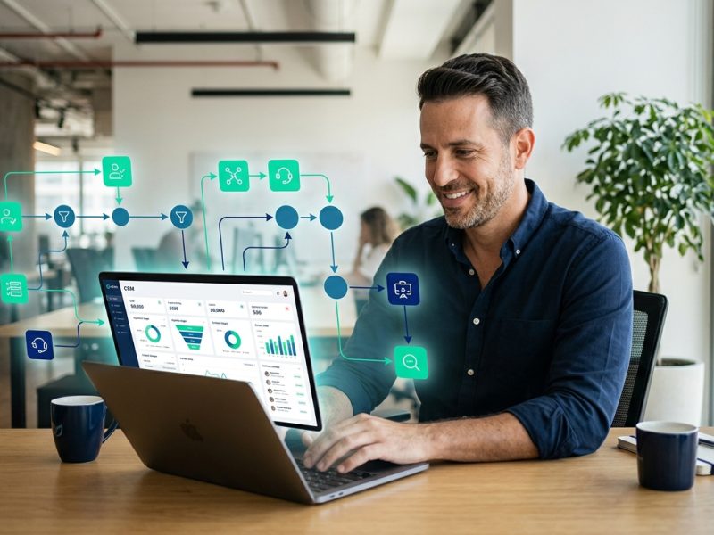 בעל עסק עובד עם מערכת CRM שמותאמת לתהליכים האמיתיים שלו