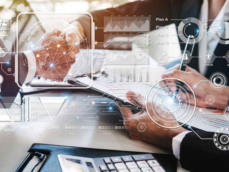 Businessman shaking hand, Partnership Successful deal after meeting, Business cooperation concept with technology icon and diagram